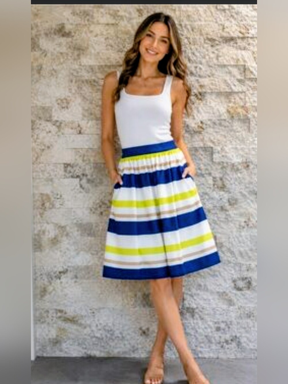 Lord & Taylor Striped Midi Skirt W/Pockets